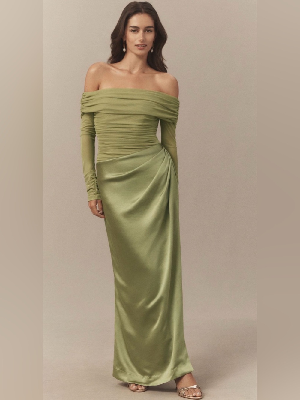 NWT- BHLDN 
Off-Shoulder Long Sleeve Stretch Mesh Maxi Dress - Thyme Leaf- Small